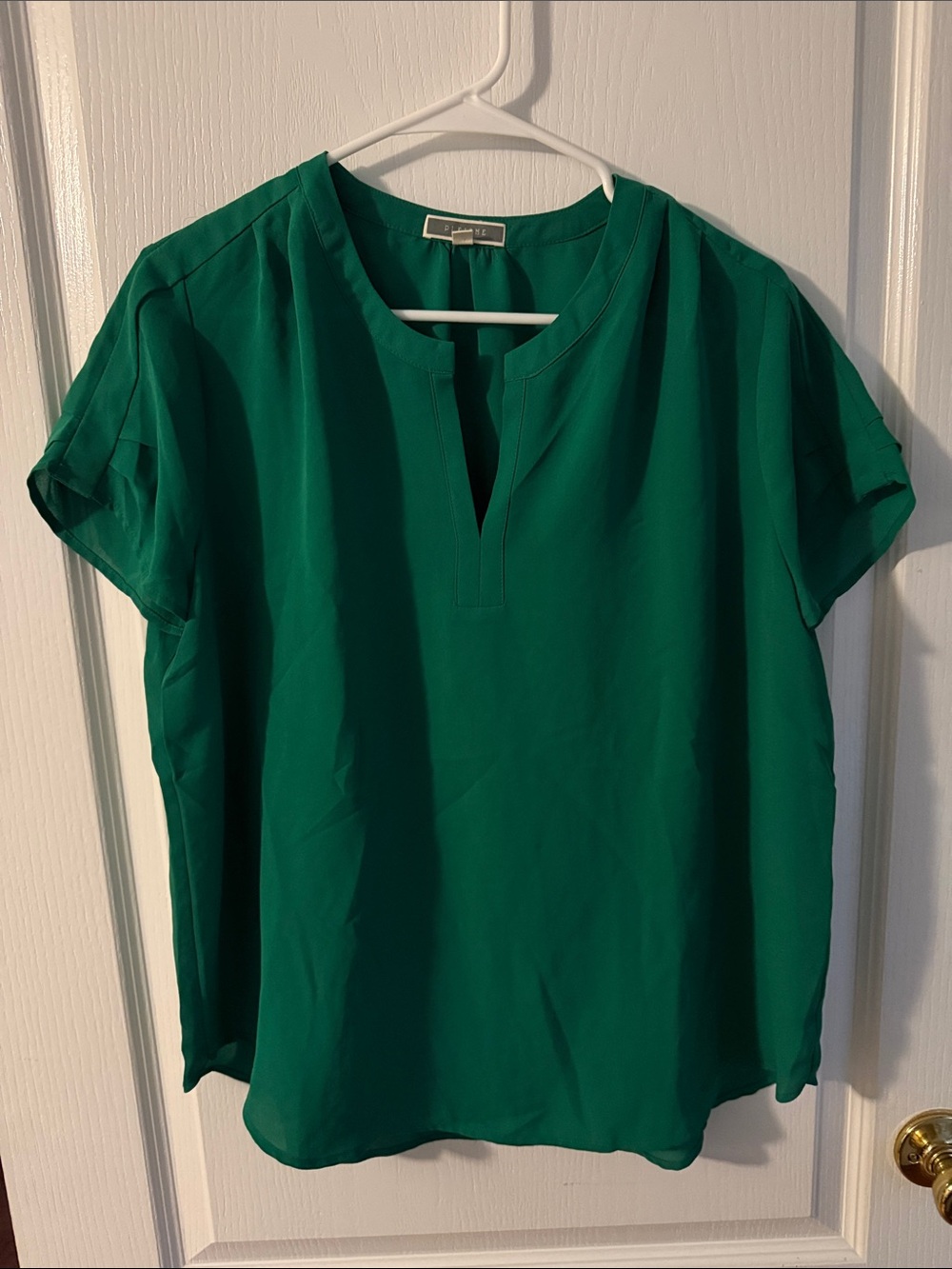 Pleione Emerald Green Split-Neck Short Sleeve Blouse